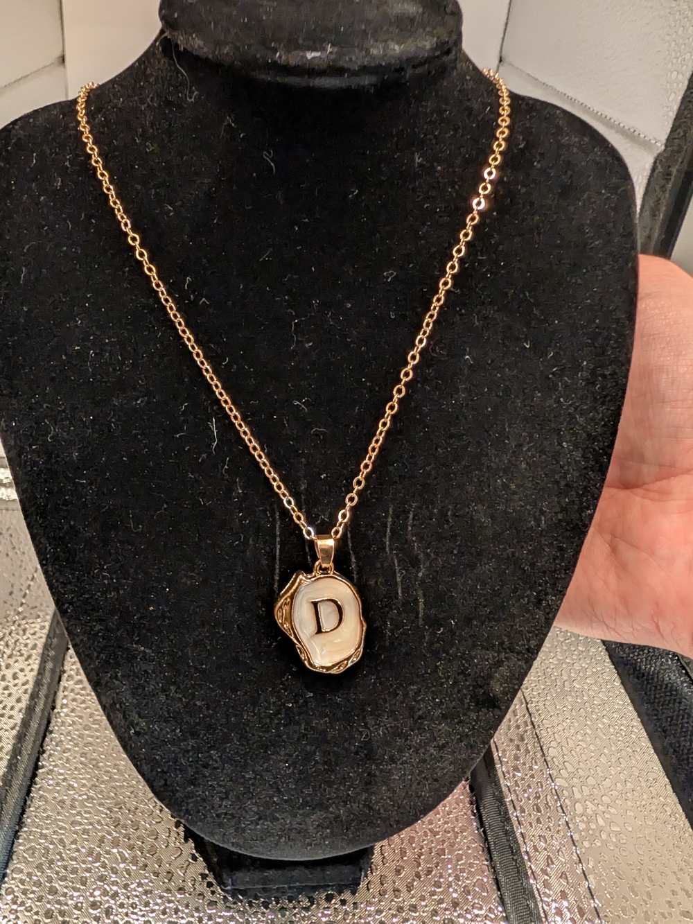 RAMLA Gold Monogram Initial "D" Pendant Necklace | Pearl Enamel Medallion